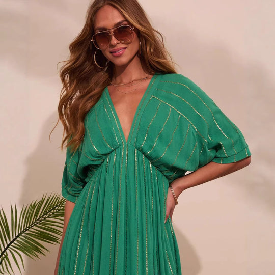 Damen Maxi-Kleid mit hochgeschlossenem V-Ausschnitt und fließendem Faltenwurf EB