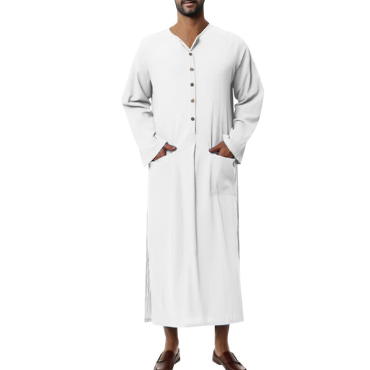 Herren nan weites langes Tunika-Kaftan aus atmungsaktivem Leinen mit Stehkragen Knopfblende und aufgesetzten Taschen EB