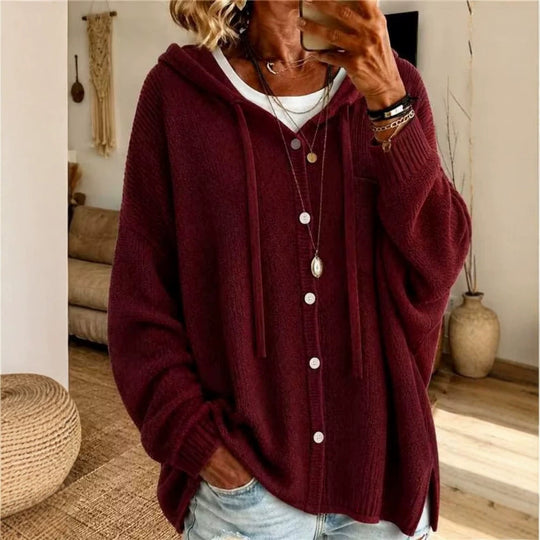 Damen Kapuzen-Cardigan aus strukturiertem Feinstrick mit Knopfleiste EB