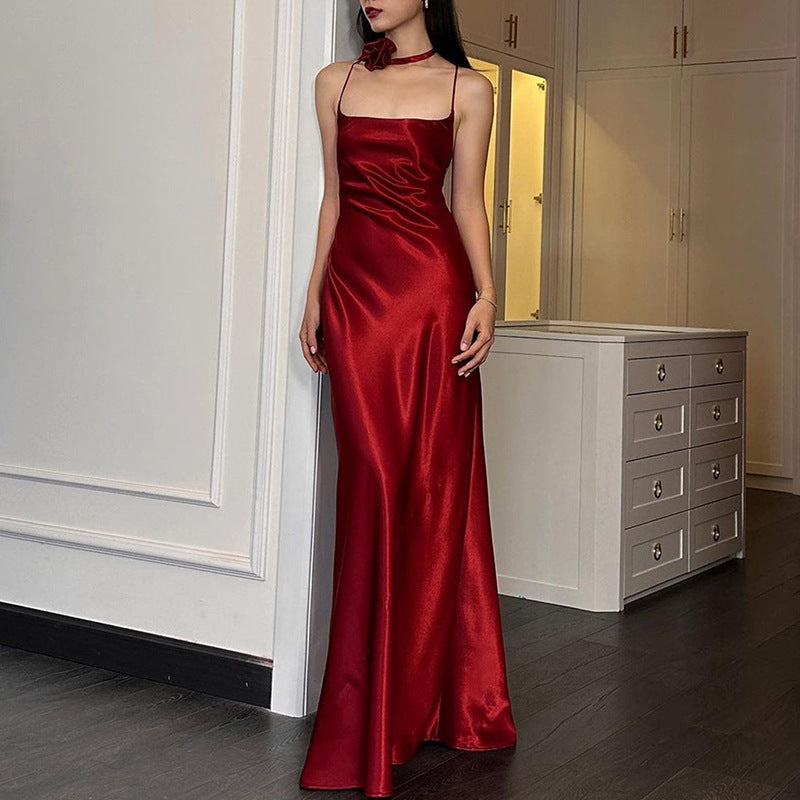 Damen elegantes Maxikleid aus fließendem Satin mit Spaghettiträgern EB