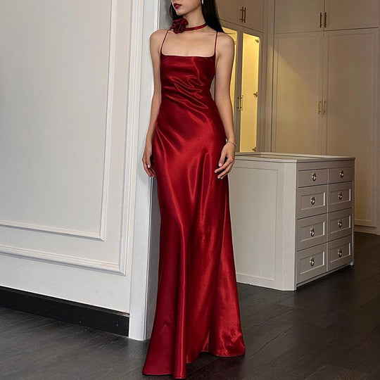 Damen elegantes Maxikleid aus fließendem Satin mit Spaghettiträgern EB