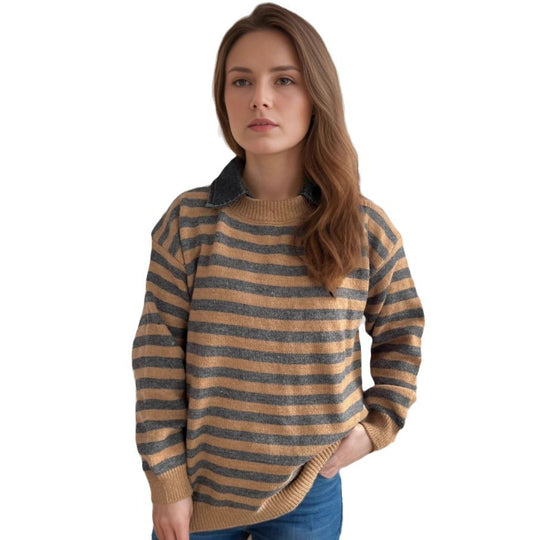 Damen lässiger Pullover mit strukturellem Streifenmuster und modischem Kragen EB
