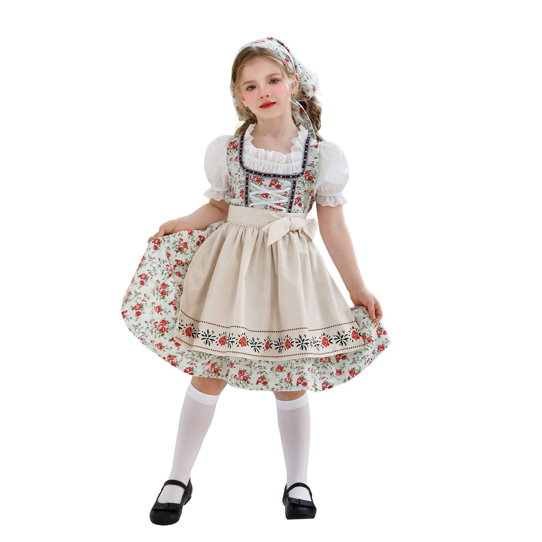 Damen nan traditionelles Dirndlkleid für Mädchen mit bestickter Schürze, Rüschenkragen und passendem Kopftuch EB
