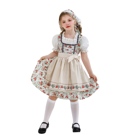 Damen nan traditionelles Dirndlkleid für Mädchen mit bestickter Schürze, Rüschenkragen und passendem Kopftuch EB
