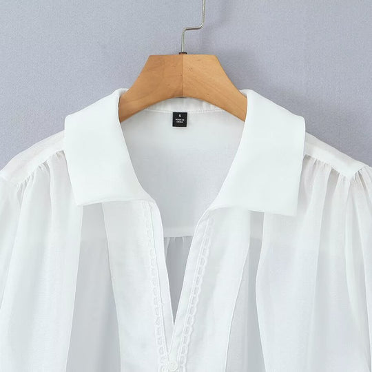 Damen elegante Chiffonbluse mit raffinierten Puffärmeln und edlem Kragen EB
