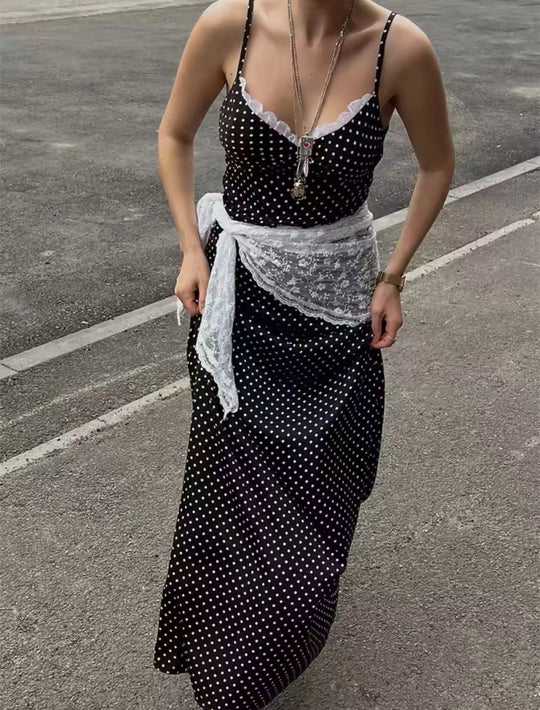 Damen Maxikleid mit Punkten und eleganter Spitzenverzierung EB