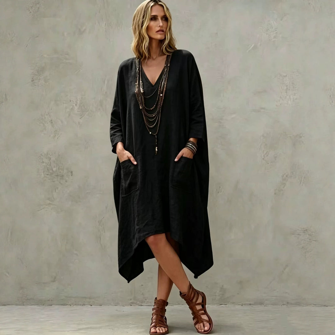 Damen nan Oversize Kaftankleid mit V-Ausschnitt, Eingrifftaschen und asymmetrischem Saum EB