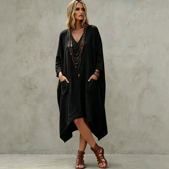 Damen nan Oversize Kaftankleid mit V-Ausschnitt, Eingrifftaschen und asymmetrischem Saum EB