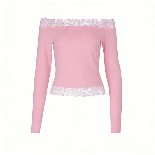 Damen elegantes Off-Shoulder Shirt mit Spitzenbesatz EB