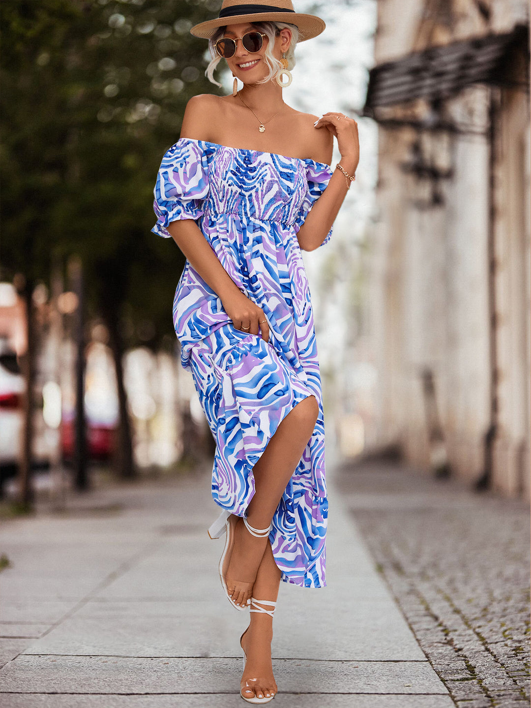 Damen Off-Shoulder Maxikleid mit floralen Akzenten und elastischer Taillierung EB