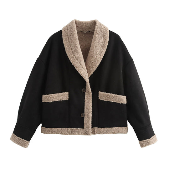 Damen kuscheliger Schnittjacke mit Teddyfelldetails EB