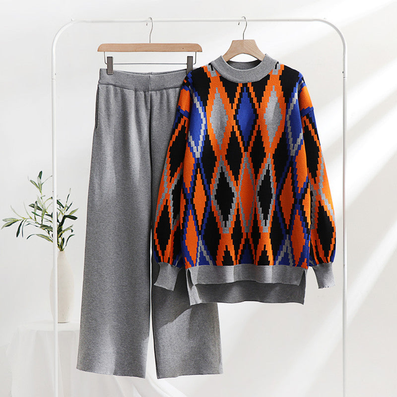 Damen modisches Strick-Loungewear-Set mit geometrischem Muster und weitem Schnitt EB
