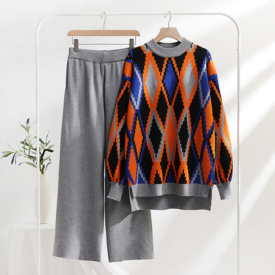 Damen modisches Strick-Loungewear-Set mit geometrischem Muster und weitem Schnitt EB