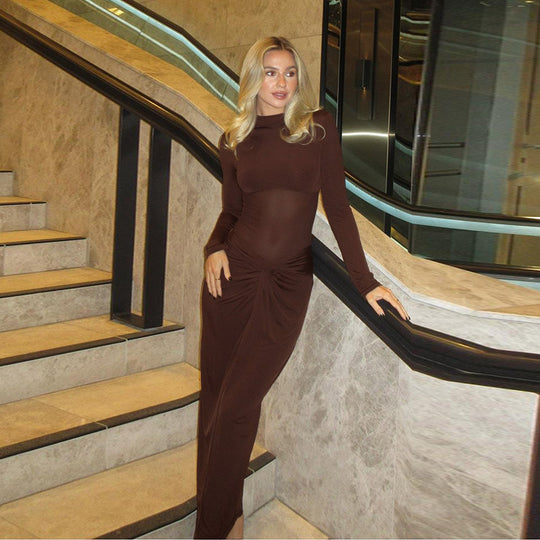 Damen elegantes Maxikleid mit einzigartigem Wickel-Design und langen Ärmeln EB