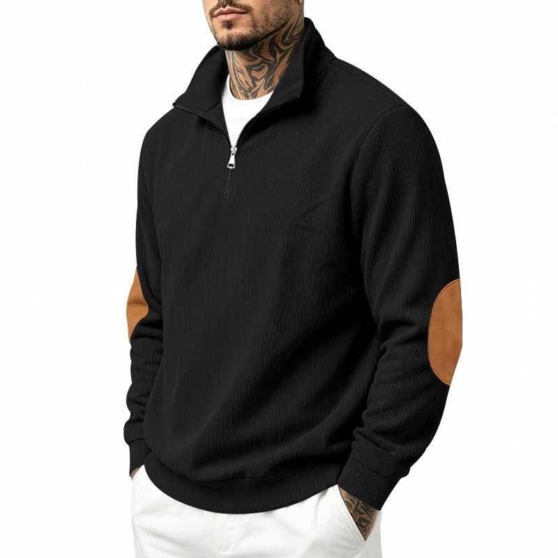 Herren nan Halbzip-Sweatshirt mit Stehkragen, feiner Waffelstruktur und Lederoptik-Ellenbogenpatchs EB