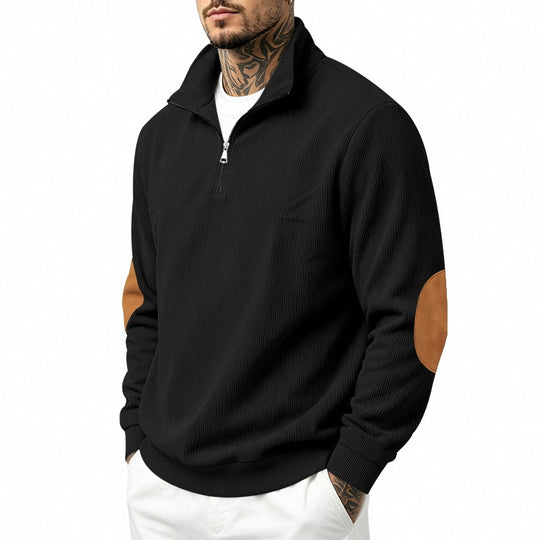 Herren nan Halbzip-Sweatshirt mit Stehkragen, feiner Waffelstruktur und Lederoptik-Ellenbogenpatchs EB