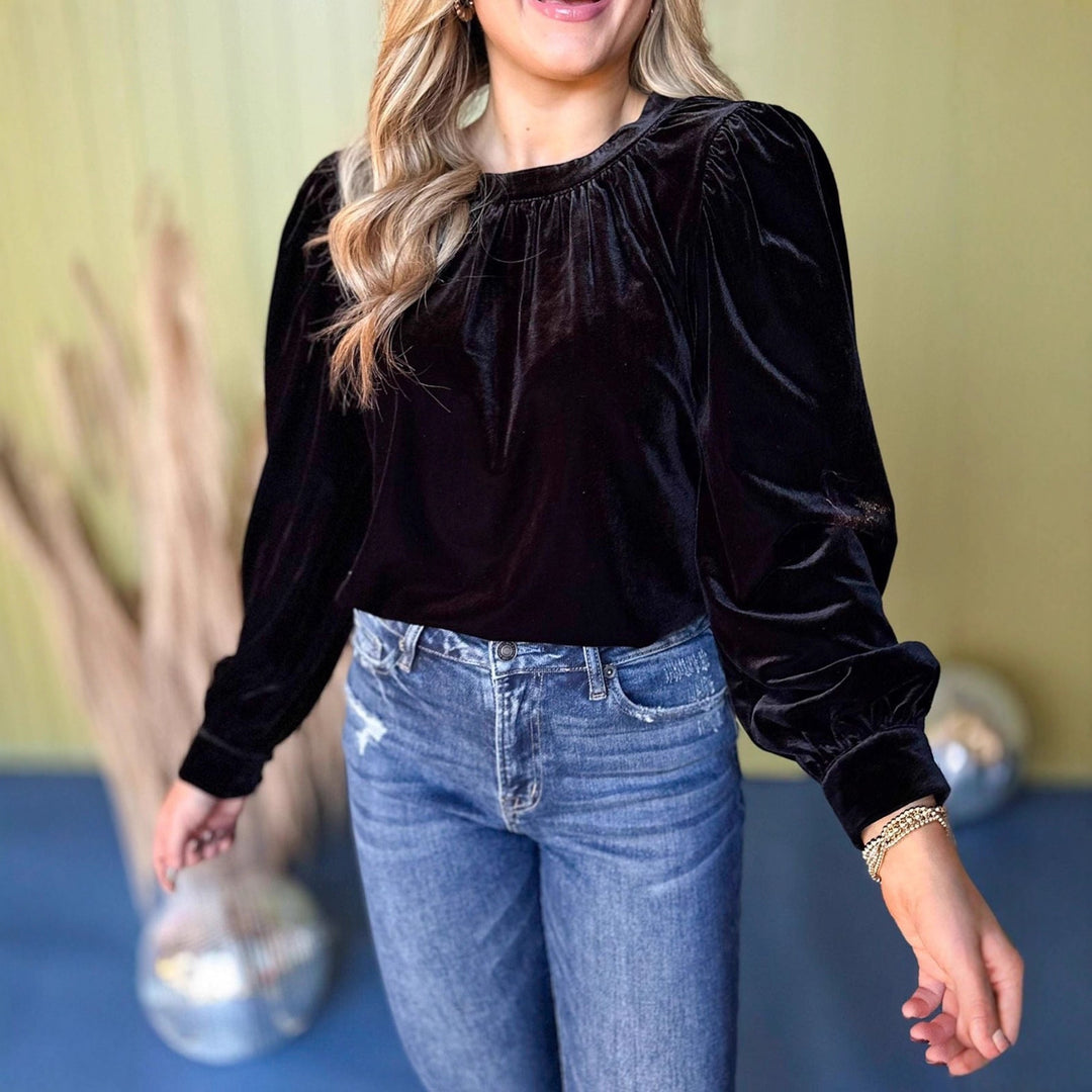Damen Samtbluse mit Ballonärmeln und gerafftem Stehkragen EB