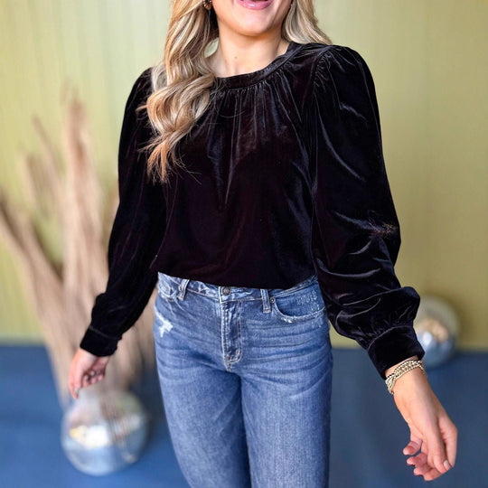 Damen Samtbluse mit Ballonärmeln und gerafftem Stehkragen EB