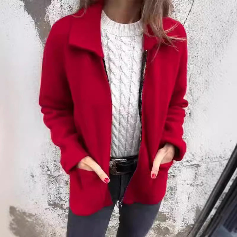 Damen modische Fleecejacke mit praktischen Taschen und elegantem Kragen EB