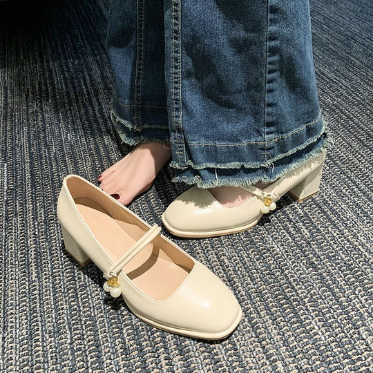 Damen elegante Mary Jane Schuhe mit Blockabsatz und Perlenakzent EB