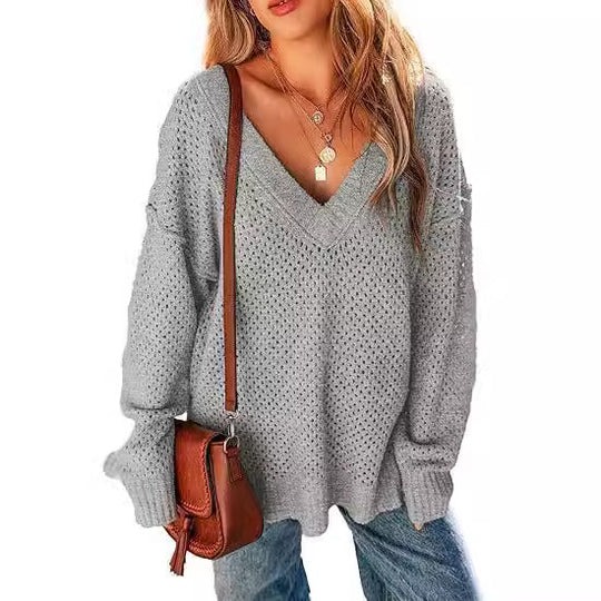 Damen Leicht gestrickter V-Ausschnitt Pullover mit lässigem Schnitt EB