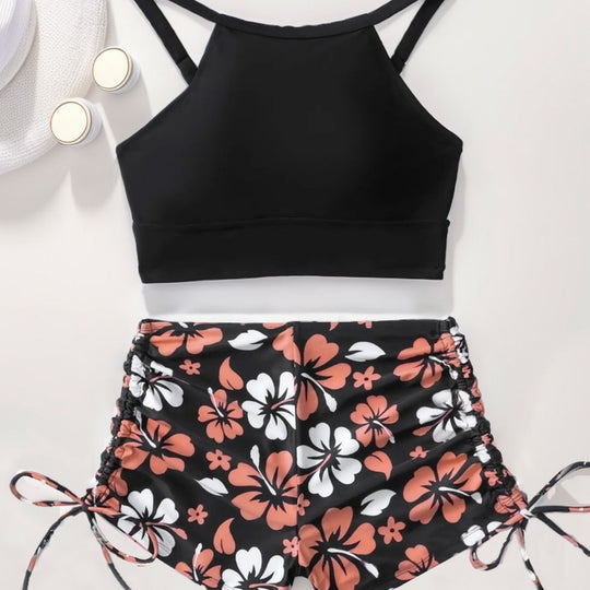 Damen Sportliches Bikini-Set mit hochgeschlossenem Oberteil und Rüschenhose EB