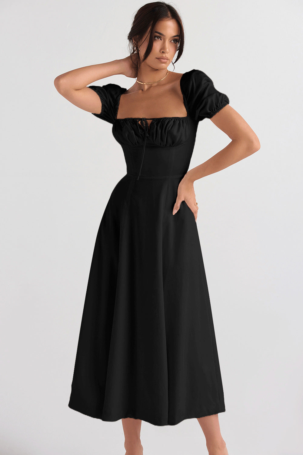 Damen Midi-Kleid mit gerafftem Oberkörper und ausgestelltem Rock EB