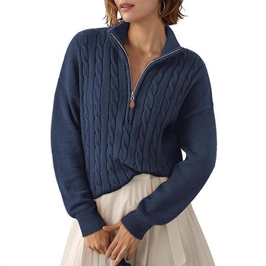 Damen Grobstrick Pullover mit Stehkragen und halbem Reißverschluss EB