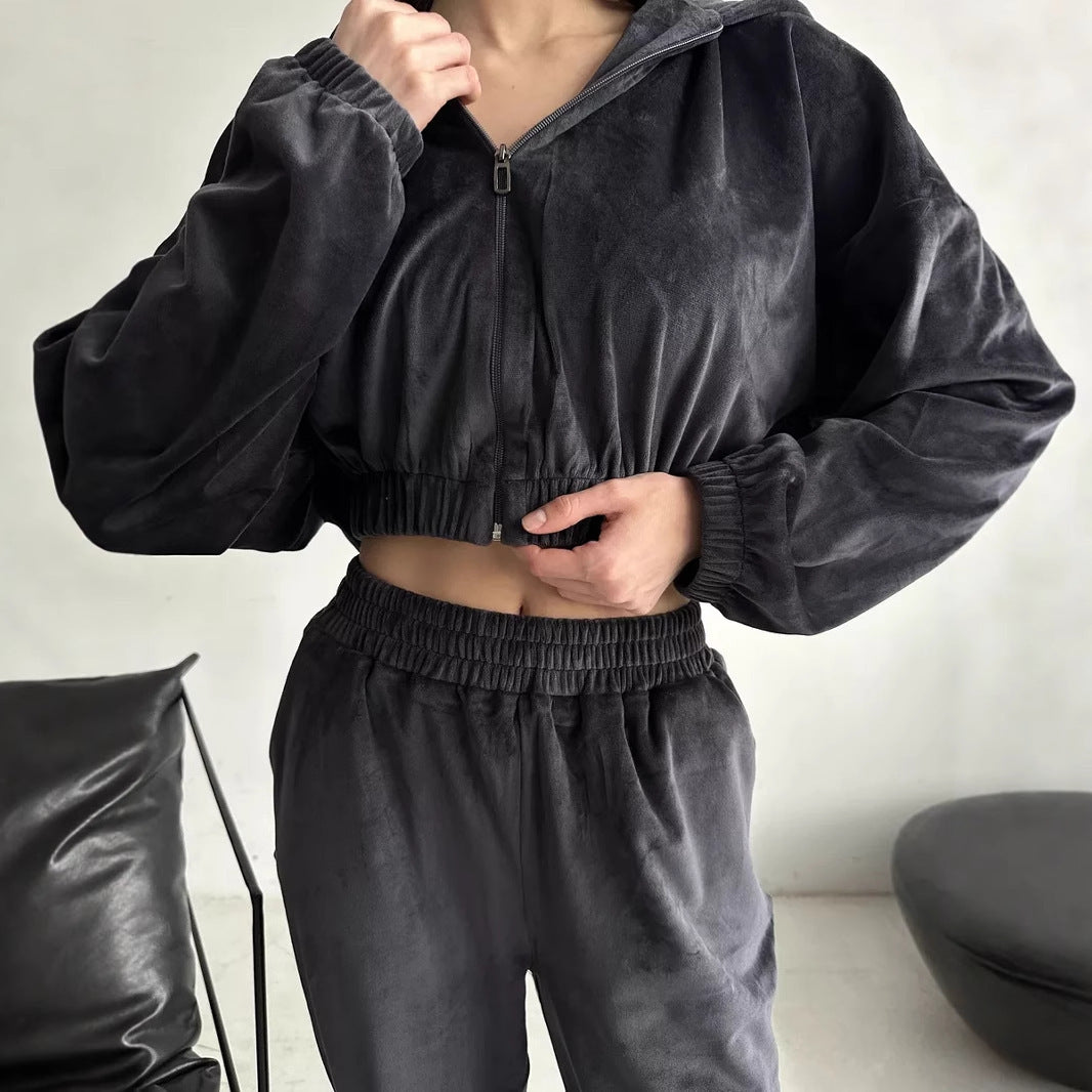 Damen Cropped Samt-Loungewear-Set mit kurzem Reißverschluss, elastischem Taillenbund und weiter Jogginghose EB