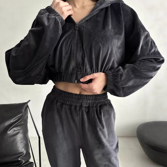 Damen Cropped Samt-Loungewear-Set mit kurzem Reißverschluss, elastischem Taillenbund und weiter Jogginghose EB