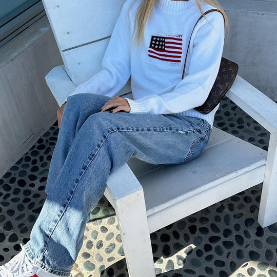 Damen Lässiger Pullover mit kreativem Flaggenmotiv und weichem Strick EB