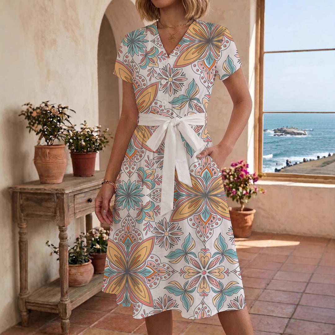 Damen Midikleid mit floralem Motiv und Taillengürtel EB