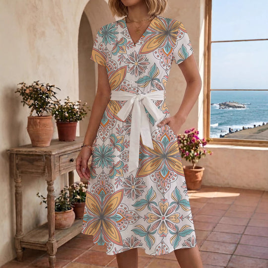 Damen Midikleid mit floralem Motiv und Taillengürtel EB