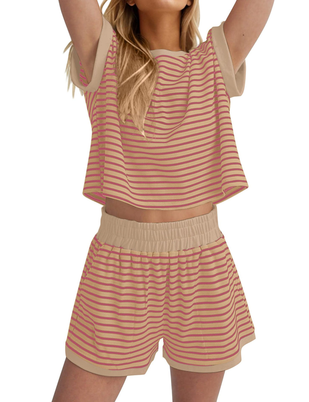 Damen Lässiges gestreiftes Set aus lockerer Oberteil und Shorts EB