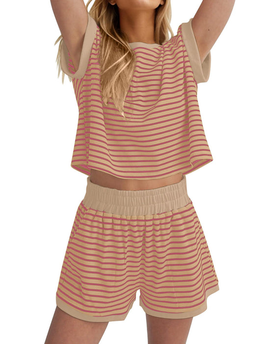 Damen Lässiges gestreiftes Set aus lockerer Oberteil und Shorts EB