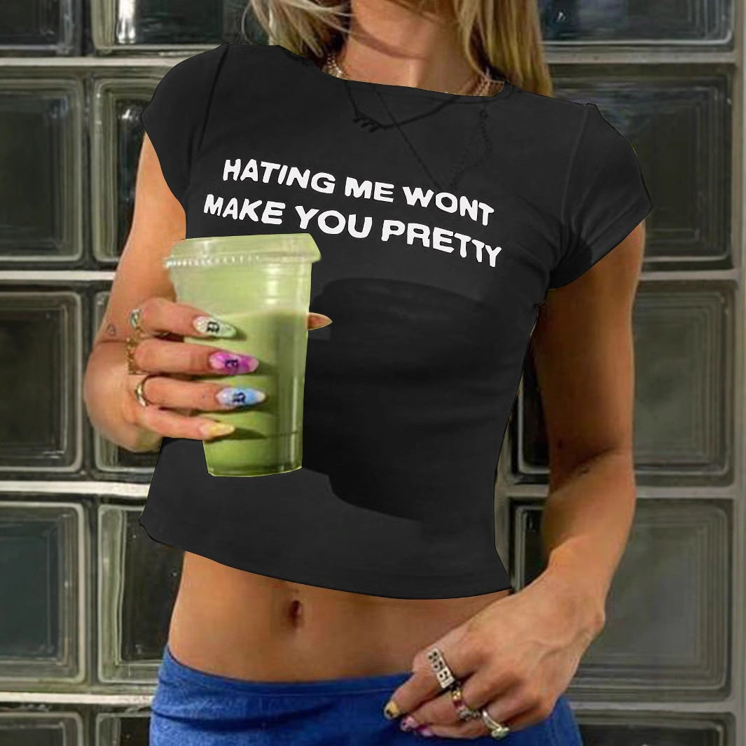 Damen Figurbetontes Crop-T-Shirt mit statement Schriftzug EB
