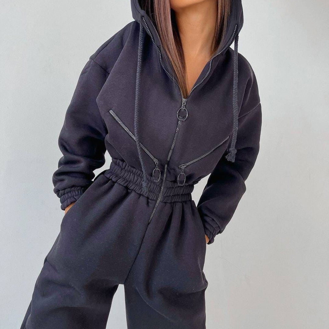 Damen nan kurzes Halbzip-Loungewear-Set mit elastischem Taillenbund und oversized Schnitt EB
