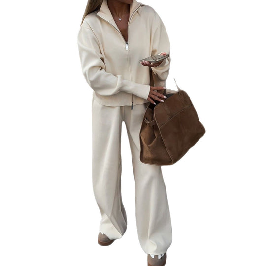 Damen nan Strick-Loungewear-Set mit halbhohem Kragen, Reißverschluss und weitem Highwaist-Hose EB