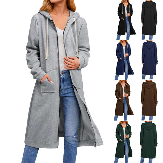 Damen Long Hoodie-Jacke aus bequemen Sweatmaterial mit Taschen EB