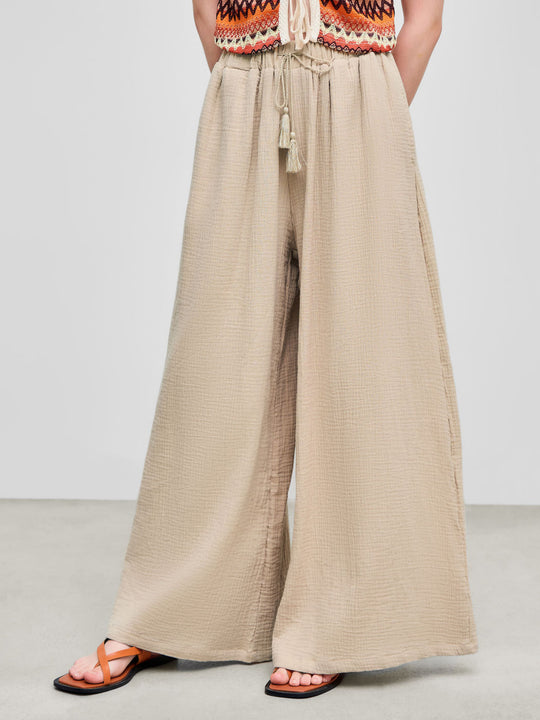 Damen weite Sommerhose im lässigen Boho-Stil mit elastischem Bund und seitlichen Taschen EB