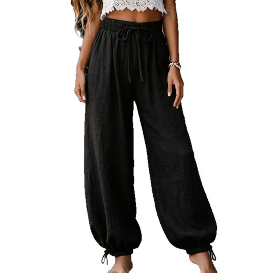 Damen Leichte Leinenhose mit weitem Bein und elastischem Bund EB