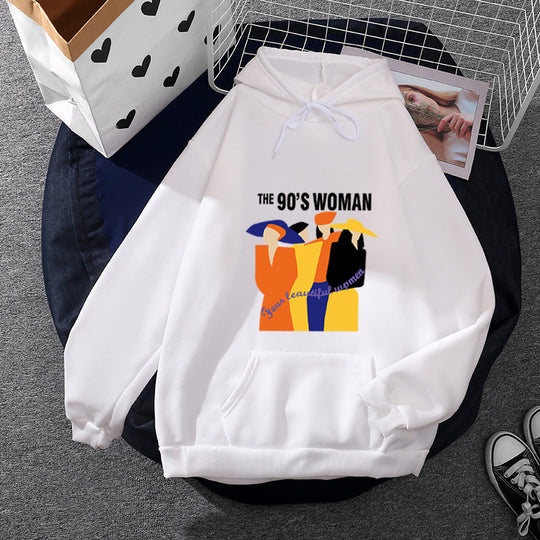 Damen nan weit geschnittener Kapuzenpullover mit Neunzigerjahre-Illustrationsprint, angerautem Fleece und Kängurutasche EB