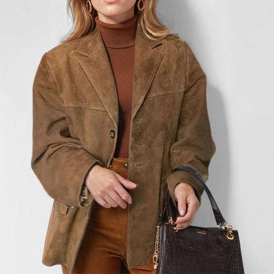 Damen nan weit geschnittene Wildlederjacke mit Reverskragen und aufgesetzten Taschen EB