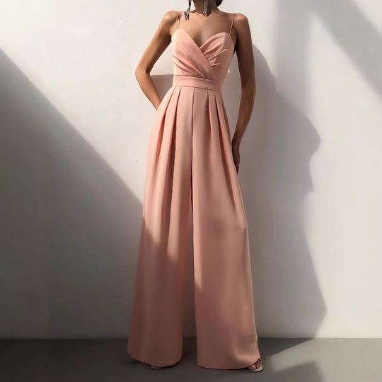 Damen eleganter Jumpsuit mit tiefem V-Ausschnitt und weiten Beinen EB