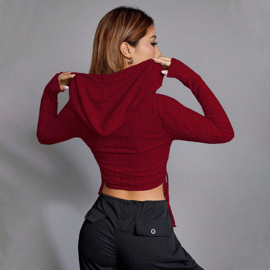 Damen geripptes Crop-Hoodie mit Tunnelzugseitennähten, figurbetonter Silhouette und langen Ärmeln Eichborn Berlin