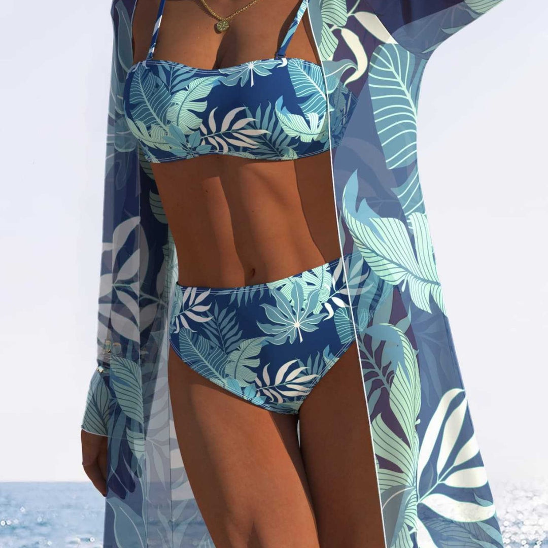 Damen Bikini-Set mit fließendem Strandüberwurf und tropischem Blattmuster EB