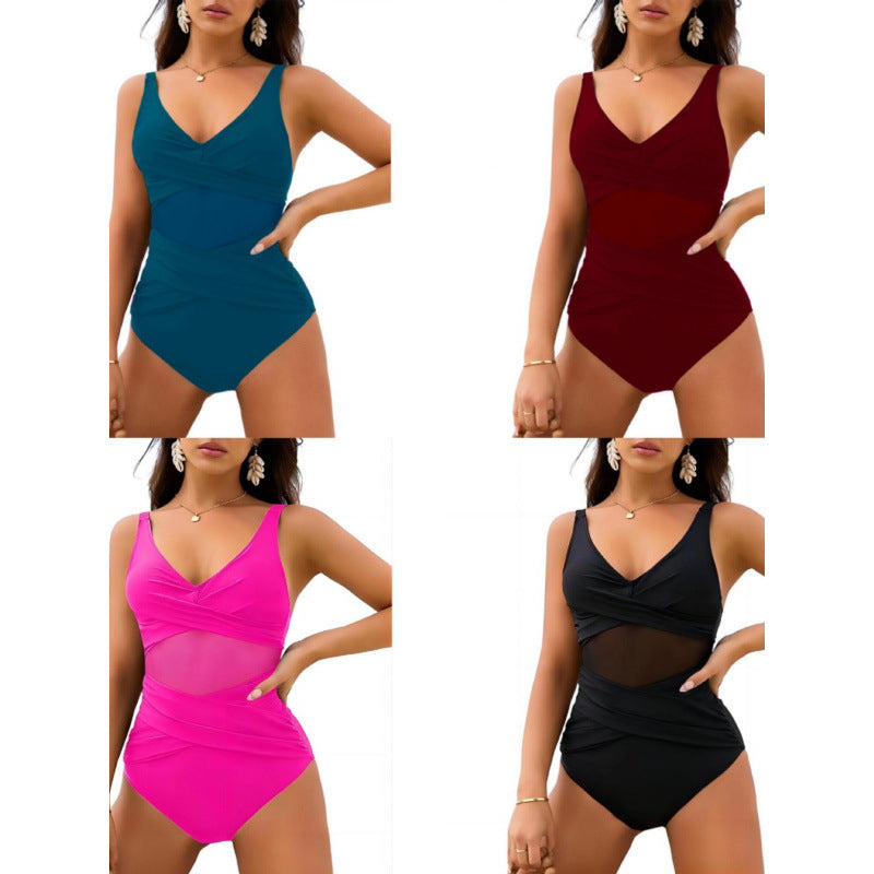 Damen Einteiler Badeanzug mit stylischem Wickel-Design und figurformenden Einsätzen EB