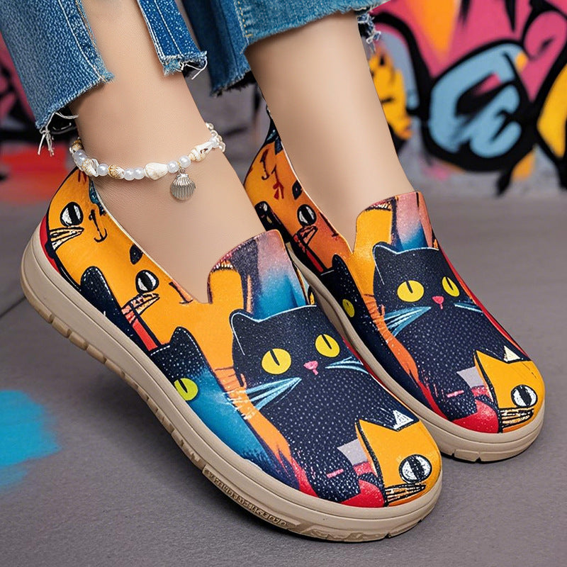 Damen Slip-On Freizeitschuhe mit buntem Katzendesign EB