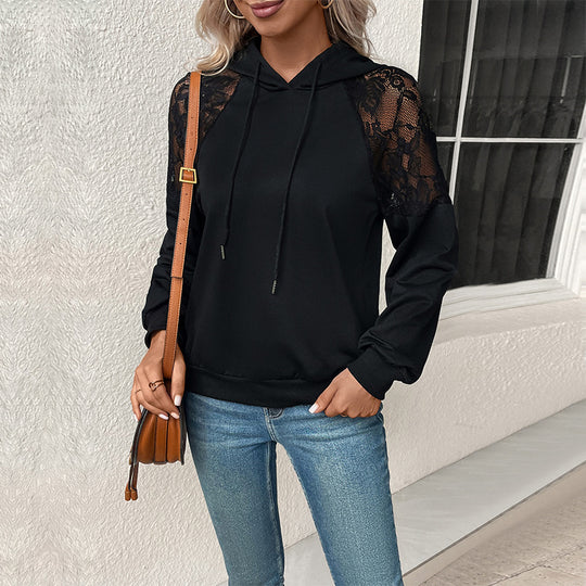 Damen Kapuzensweatshirt mit eleganten Spitzenärmeln und lässigem Schnitt EB