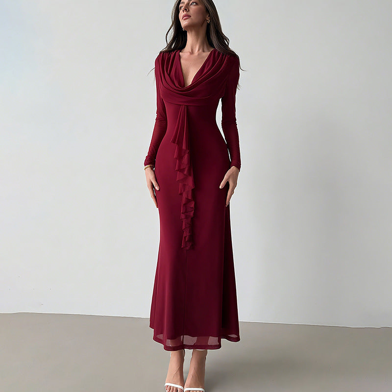 Damen Elegantes Maxikleid mit tiefem V-Ausschnitt und Rüschendetail EB